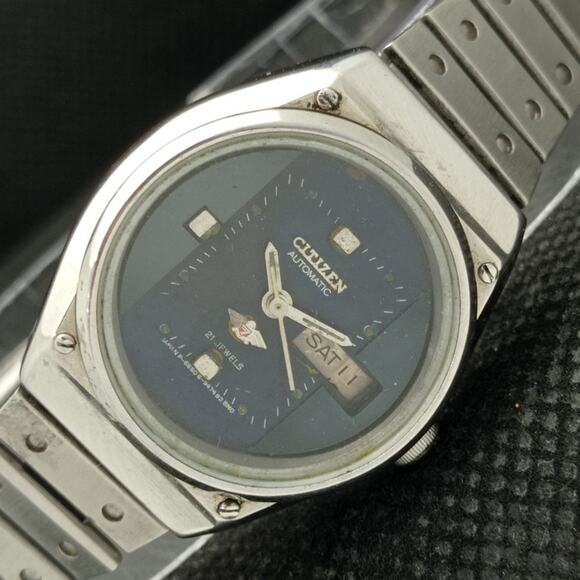 Vintage 1982 Citizen Automatic Womans Silver Watch W/daydate & Blue accents - Picture 1 of 8